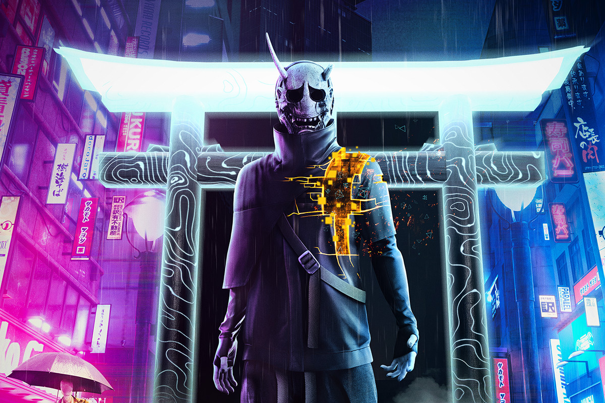 The antagonist of Ghostwire: Tokyo stands in front of an arch, and is backlit by neon lights 