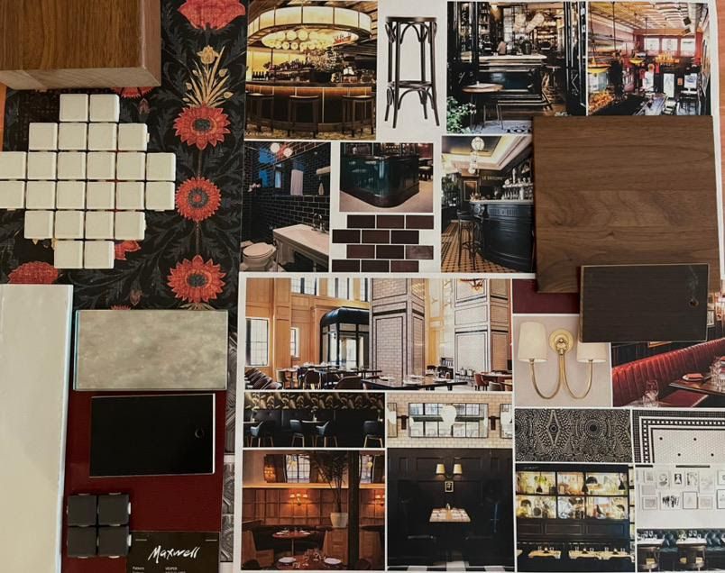A mood board captures different interiors and decor for a restaurant.