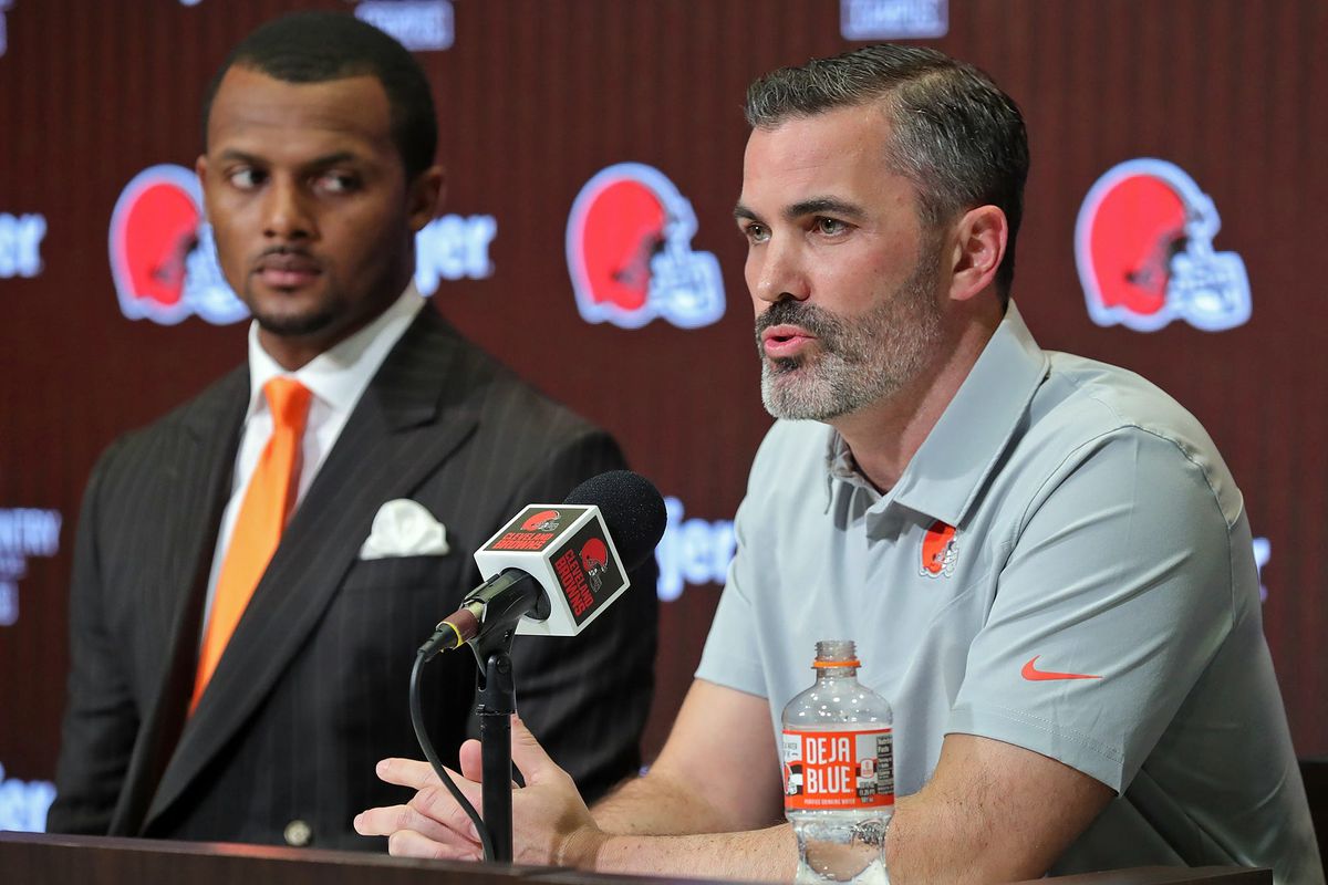 Cleveland Browns head coach Kevin Stefanski (right) addresses Deshaun Watson’s off-the-field baggage during his introductory press conference.