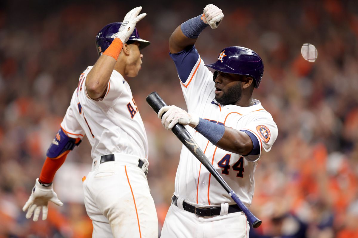 Jeremy Pena #3 of the Houston Astros celebrates a home run with Yordan Alvarez #44 during the seventh inning against the New York Yankees in game one of the American League Championship Series at Minute Maid Park on October 19, 2022 in Houston, Texas.