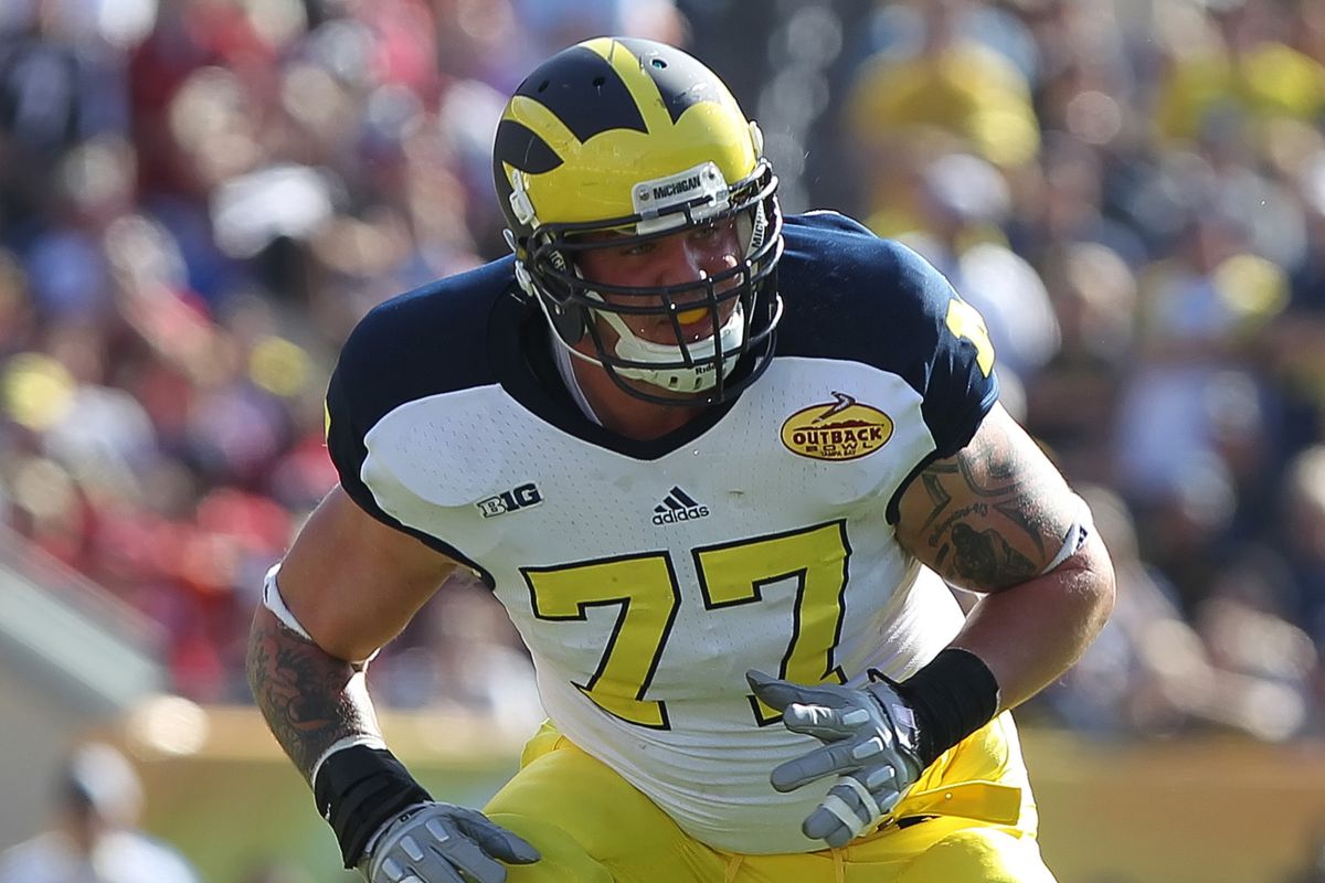 Taylor Lewan was selected No. 11 overall in the 2014 NFL Draft by the Tennessee Titans. 