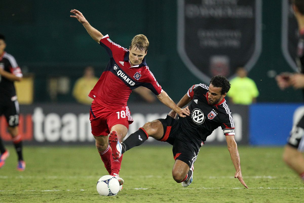 WASHINGTON, DC - AUGUST 4: Chris Rolfe #18 of the Chicago Fire competes for the ball with Dwayne De Rosario #7 of D.C. United at RFK Stadium on August 22, 2012 in Washington, DC.(Photo by Ned Dishman/Getty Images)