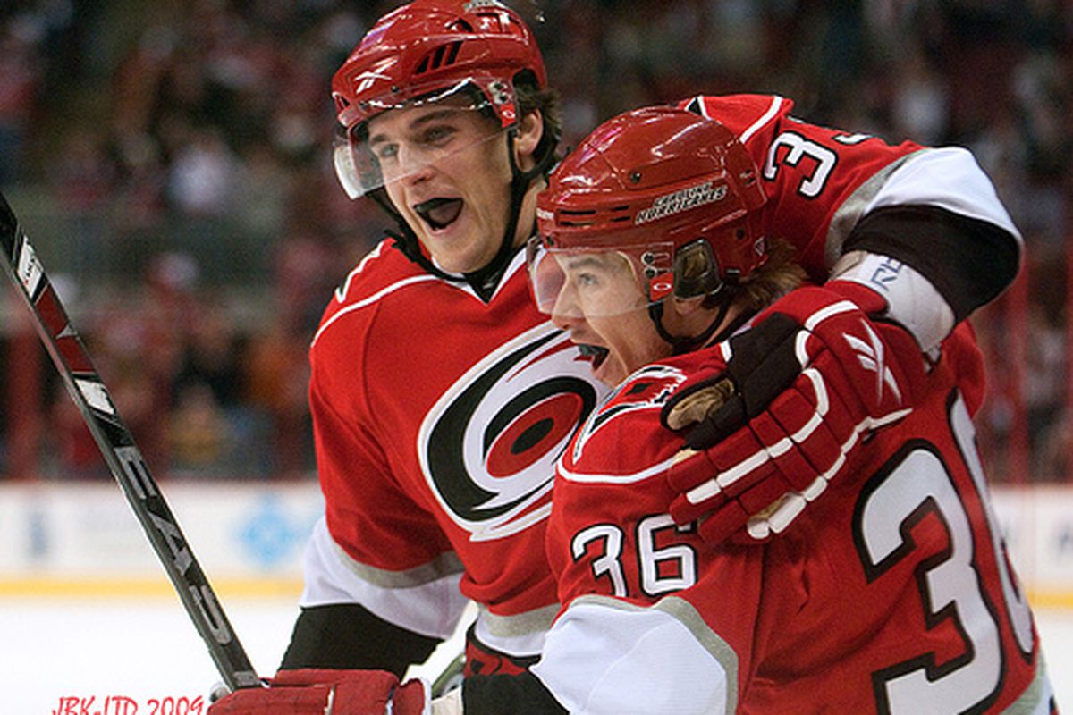 Bryan Rodney celebrates with Jussi Jokinen on Dec 16, 2009 in Raleigh in a game vs the Dallas Stars. Rodney had the primary assist on Jokinen's PP goal, via <a href="http://farm3.static.flickr.com/2489/4194598916_92c17a46af.jpg">LTD</a>