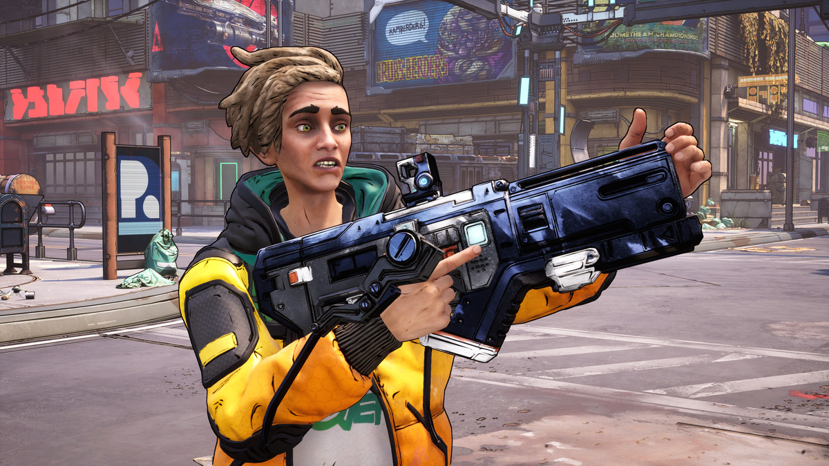 Octavio, the buffoon brother, holds a rifle with a confused look on their face, in New Tales of the Borderlands