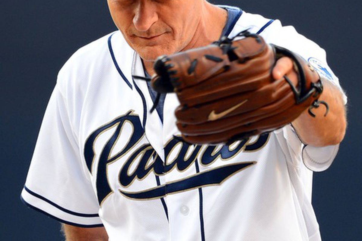 July 7, 2012; San Diego, CA, USA; American actor Charlie Sheen acknowledges the crowd before throwing out the first prior to the San Diego Padres game against the Cincinnati Reds at Petco Park.  Mandatory Credit: Christopher Hanewinckel-US PRESSWIRE