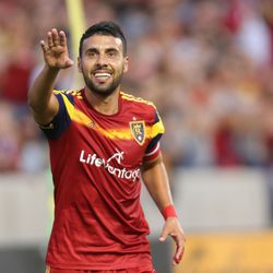 Real Salt Lake midfielder Javier Morales (11) waves to the crowd after he scored a goal in the first half of a soccer game against the Houston Dynamo at the Rio Tinto Stadium in Sandy on Saturday, July 18, 2015.