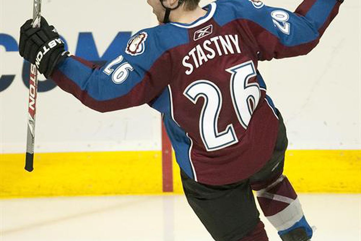 He's actually celebrating getting into the Sharks' zone.  via <a href="http://cdn.picapp.com/ftp/Images/c/a/1/0/Avalanche_Stastny_Celebrates_3e0c.JPG?adImageId=12562562&imageId=8434172">cdn.picapp.com</a>