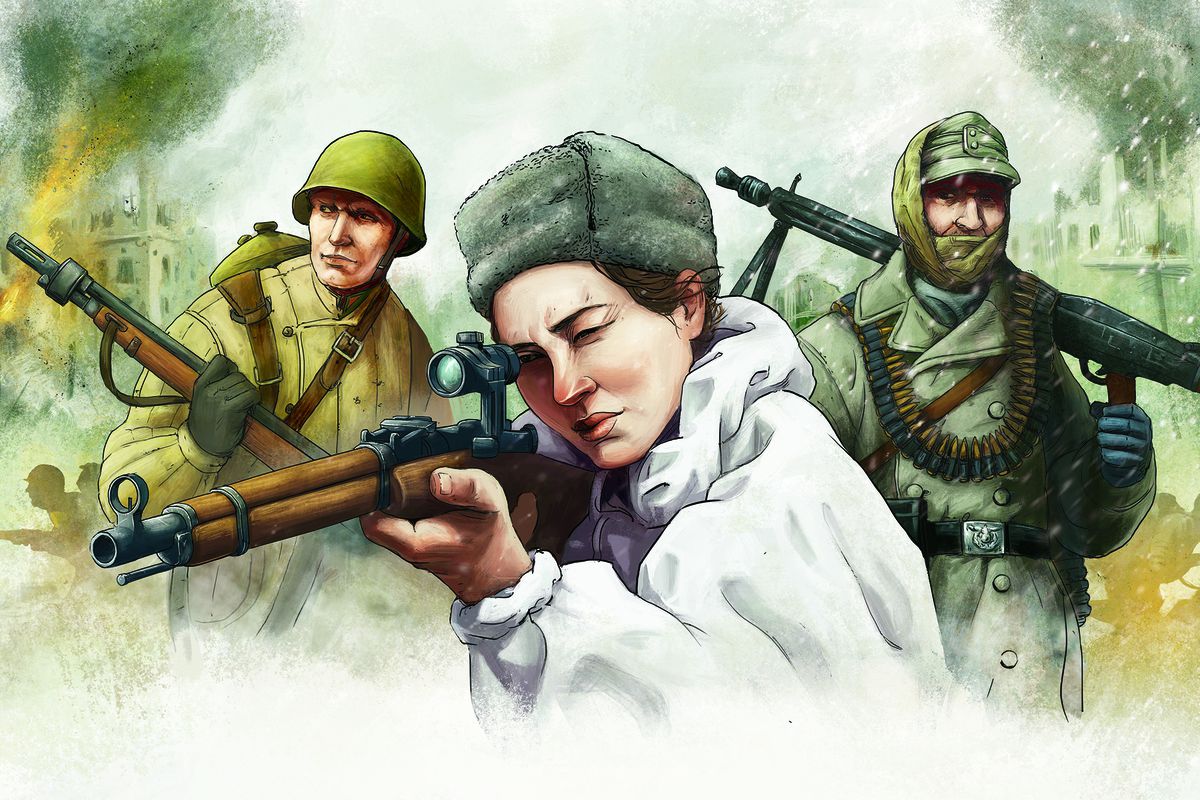 A female Russian sniper takes aim, flanked by a Russian and a Nazi German infantryman.