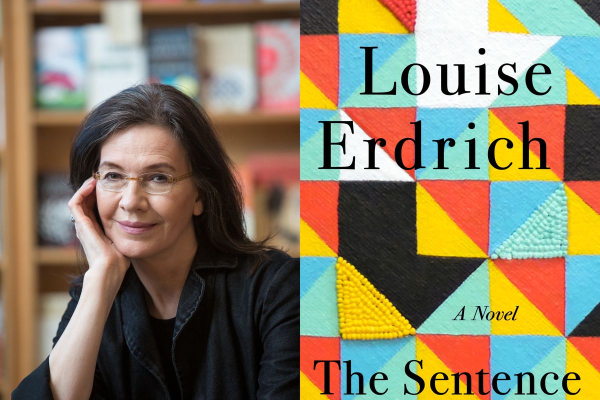 A picture of the cover of the novel “The Sentence” beside a picture of author Louise Erdrich.
