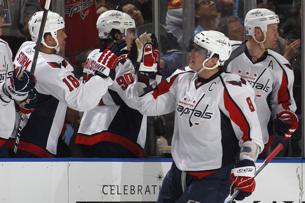 SUNRISE, FL - MARCH 6: Alex Ovechkin #8 of the Washington Capitals is congratulated after scoring a first period goal against the Florida Panthers on March 6, 2011 at the BankAtlantic Center in Sunrise, Florida. (Photo by Joel Auerbach/Getty Images)