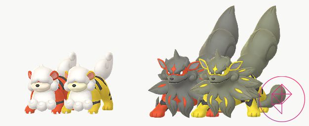 Hisuian Growlithe and Arcanine as seen in Pokémon Go. Both turn yellow from orange.
