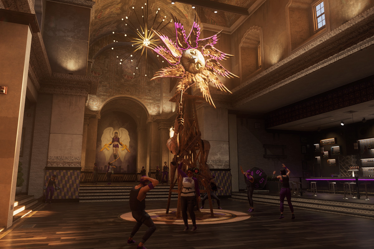 A Saints Row screenshot of the interior of the church. There are gang members dancing. You can see an oversized D20 collectible in the background, and a biblically accurate owl windmill in the center