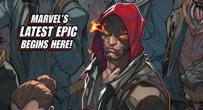 An Inhuman with flaming eyes looks up at the viewer from a crowd of humans, on the cover of Inhumans #1, Marvel Comics (2014). 