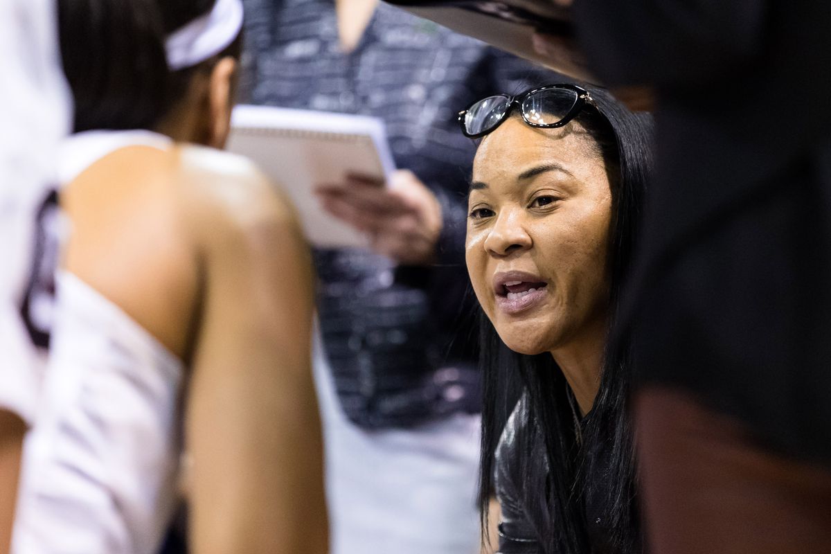 Mar 27, 2017; Stockton, CA, USA; South Carolina Gamecocks head coach Dawn Staley takes in the huddle during a break in the game against the Florida State Seminoles during the second period in the finals of the Stockton Regional of the women's 2017 NCAA Tournament at Stockton Arena. The Gamecocks won 71-64. Mandatory Credit: John Hefti-USA TODAY Sports