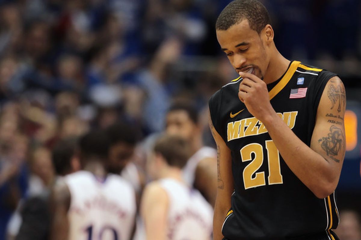 LAWRENCE KS - FEBRUARY 07:  Laurence Bowers #21 of the Missouri Tigers reacts after a foul during the game against the Kansas Jayhawks on February 7 2011 at Allen Fieldhouse in Lawrence Kansas.  (Photo by Jamie Squire/Getty Images)
