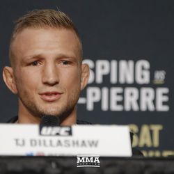 TJ Dillashaw answers a question at UFC 217 press conference.