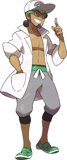 Professor Kukui, who is shirtless and wearing cropped sweats. He is holding a hand up, and pointing a finger.