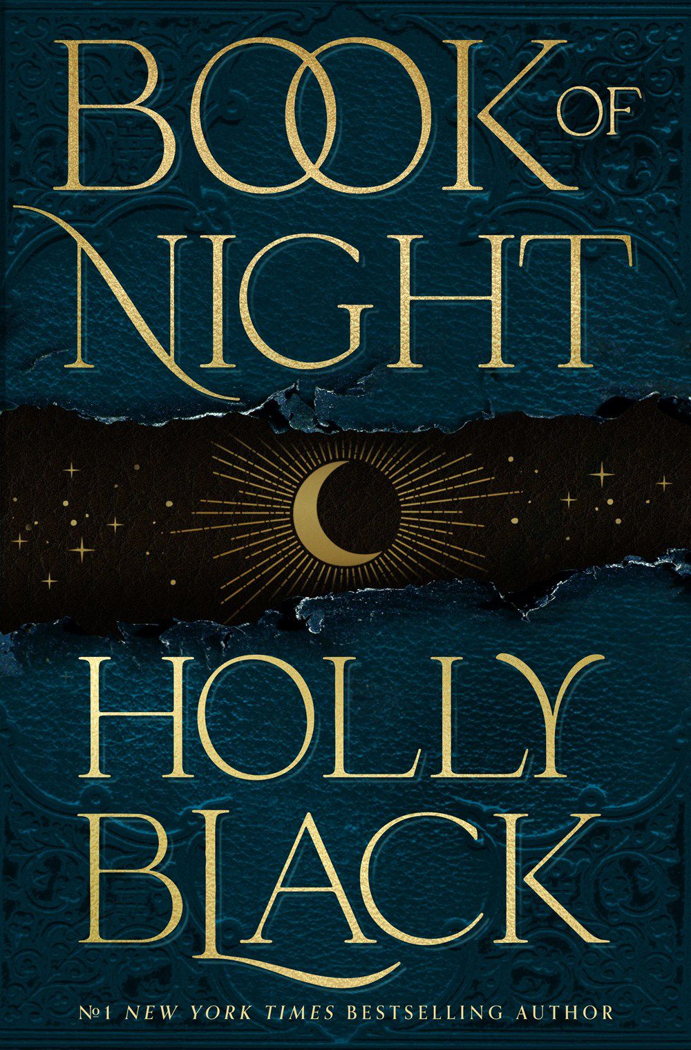 The cover of Book of Night by Holly Black, with a half-moon set against a black and blue background.