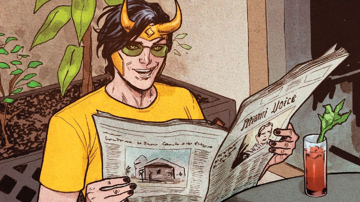 Loki sits at a cafe table in ripped jeans and his crown, reading the Miami Voice. There’s a bloody mary on the table, in Loki #1 (2023).