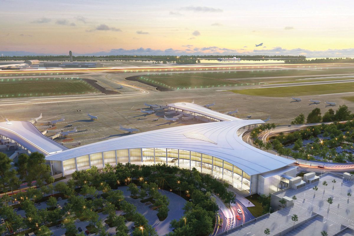 A rendering of a T-shaped airport terminal with glass curving around its edges.