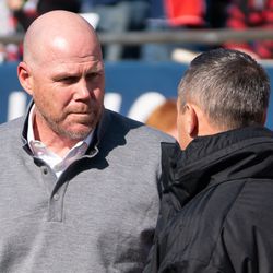 FOXBOROUGH, MA - MARCH 9: New England Revolution coach Brad Friedel and Columbus Crew SC coach Caleb Porter chat before the match at Gillette Stadium on March 9, 2019 in Foxborough, Massachusetts. (Photo by J. Alexander Dolan - The Bent Musket)