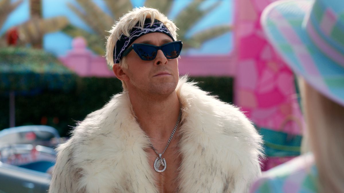 Ken (Ryan Gosling) in sunglasses and a fur coat, looking sassy