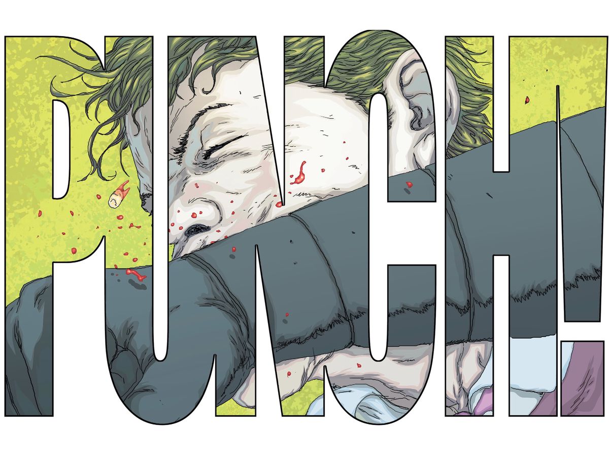 Batman’s fist slams into the Joker’s jaw, in a panel shaped like the word “PUNCH!”, in Joker: Killer Smile #1, Marvel Comics (2019). 