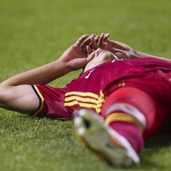 Real Salt Lake's forward Jefferson Savarino falls to the ground after shooting on goal during the Real Salt Lake vs Sporting Kansas City game at Rio Tinto Stadium in Sandy on Saturday, July 22, 2017.