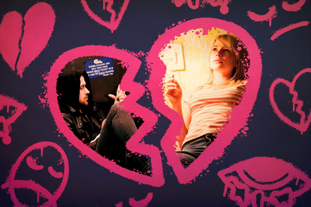 A broken heart, filled in with images from Ryan Gosling and Michelle Williams in Blue Valentines, against a purple background with pink hand-drawn images of broken hearts and frowny faces