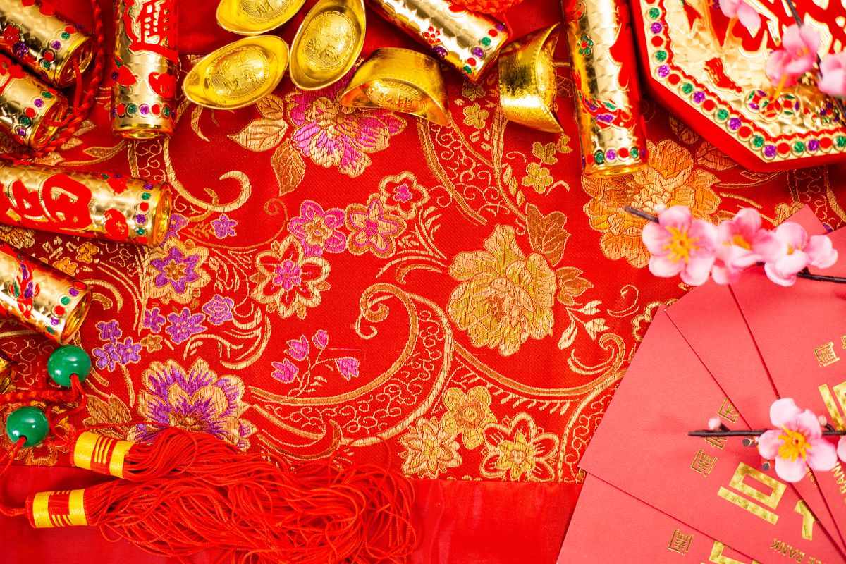 A festive red background with lunar new year decorations.