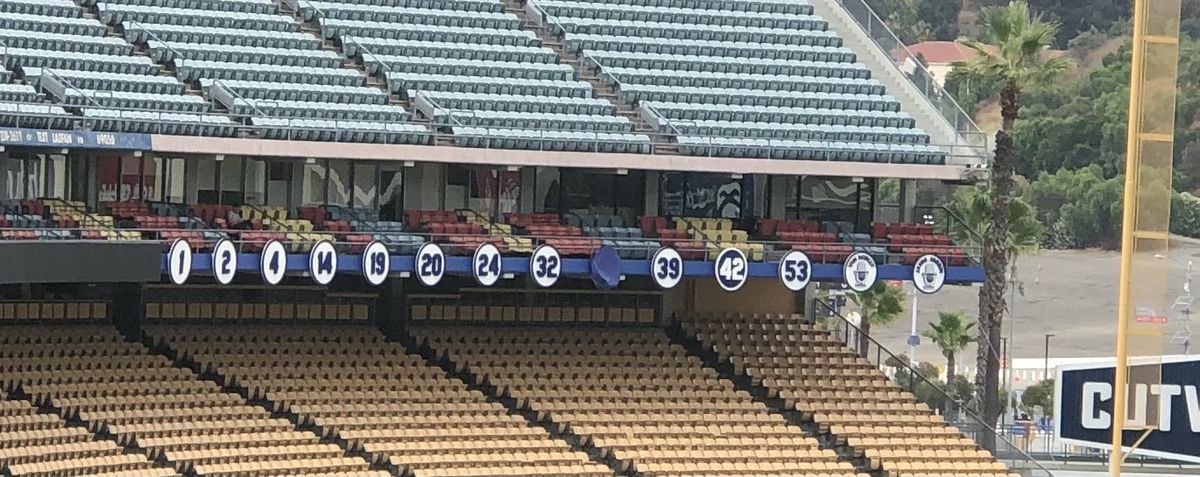 The spot for Fernando Valenzuela’s retired number 34 plaque down the left field line at Dodger Stadium.