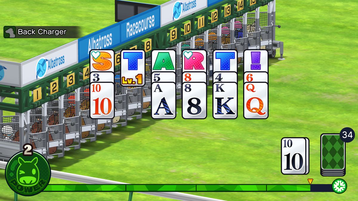 The starting gate of a Pocket Card Jockey race, with a set of playing cards overlayed, including a layer that reads “START!”