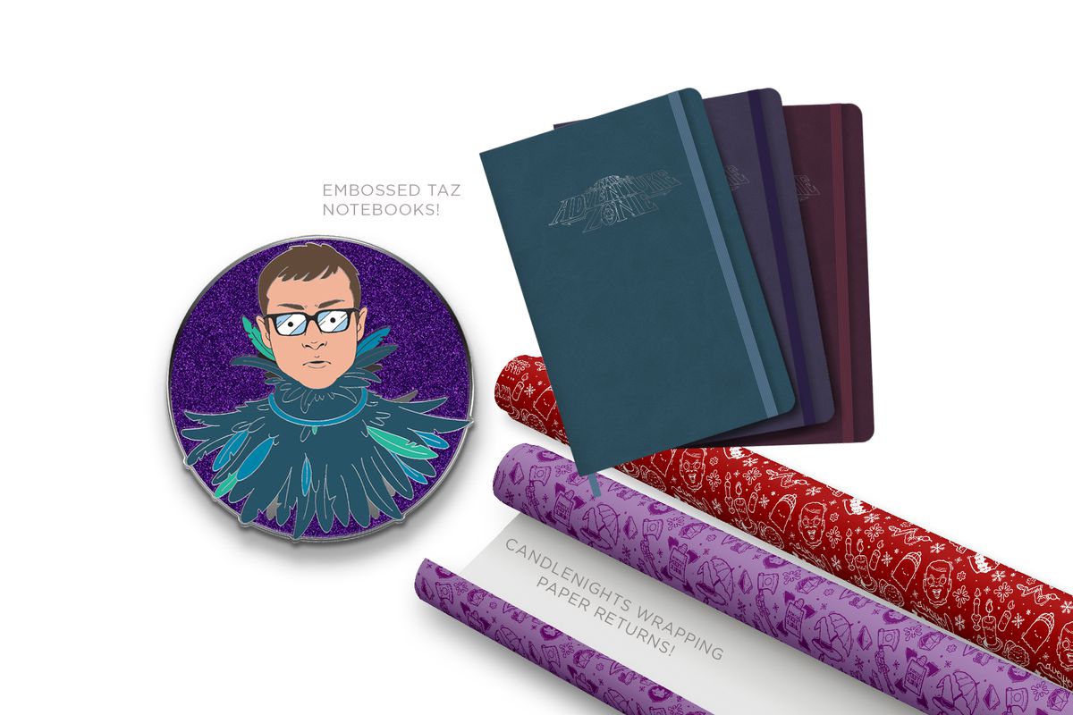 Image of the three October McElroy merch items. To the left is an enamel pin of Griffin in his Raven costume with a sparkly purple background. The top right image is three notebooks embossed with the TAZ logo. They are teal, purple, and maroon. The bottom right image is two rolls of Candlenights wrapping paper. One is purple and one is red.