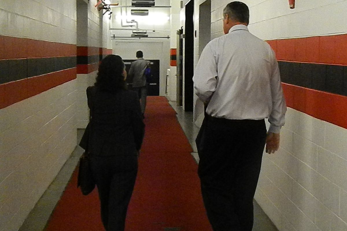 New York Liberty coach Bill Laimbeer taking the long walk post game after meeting the media following the latest loss.