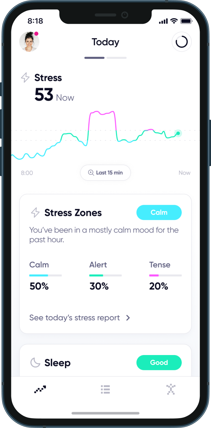 Screenshot of the app showing Calm, Tense, and Alert stress zones