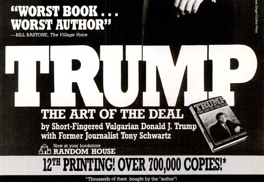 Part of satirical ad for The Art of the Deal from Spy, calling Trump "short-fingered vulgarian"