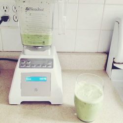 My kale, banana, date, yogurt, almond smoothie creation. I really don't like eating in the morning, but have no problem drinking things. This blender has changed my life by making it super fast and easy to blend up whatever frozen veggies/fruits I have in