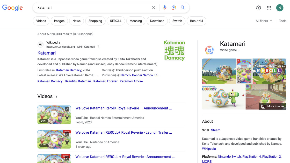 The Google result page for when you look up ‘Katamari’ on the search engine.
