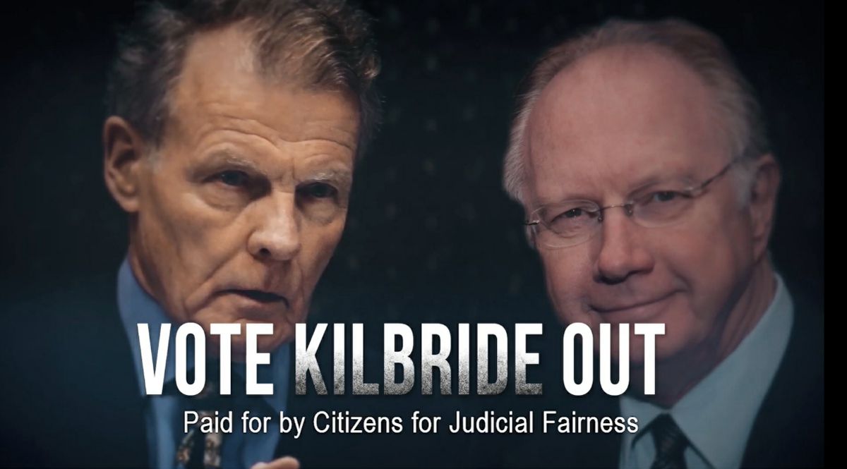 Television commercial opposing the retention of then Supreme Court Justice Thomas Kilbride, right, last year.