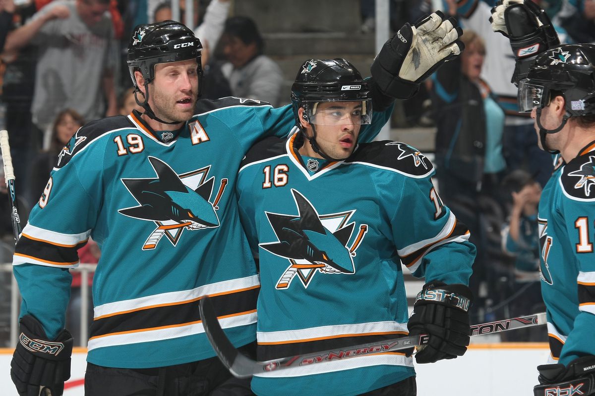 SAN JOSE, CA - OCTOBER 11: Joe Thornton #19, Devin Setoguchi #16 and Patrick Marleau #12 of the San Jose Sharks celebrate Devin’s 2nd period goal during a NHL game against the Los Angeles Kings on October 11, 2008 at HP Pavilion at San Jose in San Jose, C