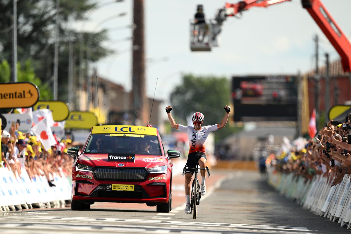 Ion Izagirre of Spain and Team Cofidis celebrates at finish line as stage winner during the stage twelve of the 110th Tour de France 2023 a 168.8km stage from Roanne to Belleville en Beaujolais / #UCIWT / on July 13, 2023 in Belleville en Beaujolais, France.