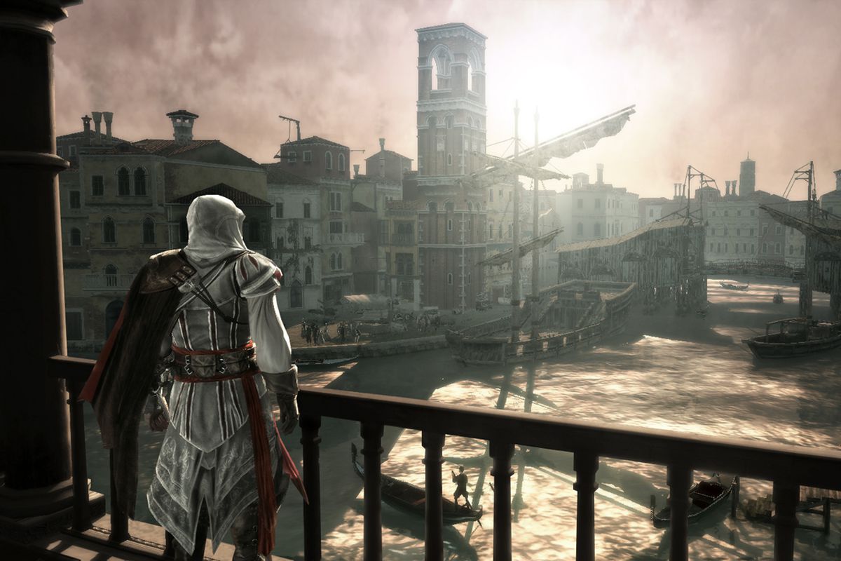 an image of the main character in assassin’s creed 2. the white cloak wearing assassin is looking out onto a medieval harbor
