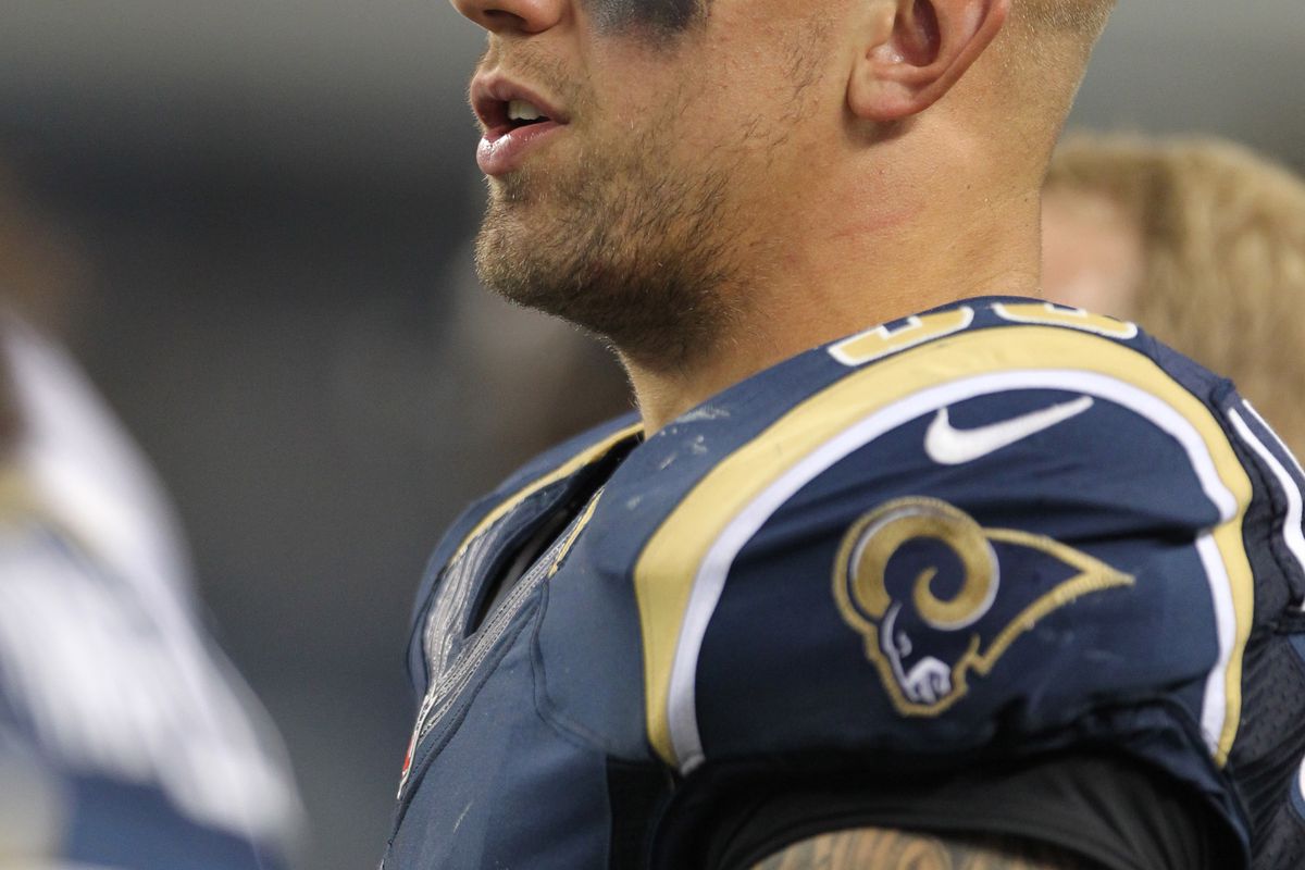 Aug 25, 2012; Arlington, TX, USA; St Louis Rams linebacker James Laurinaitis (55) on the sidelines during the second half against the Dallas Cowboys at Cowboys Stadium. The Cowboys beat the Rams 20-19. Mandatory Credit: Matthew Emmons-US PRESSWIRE