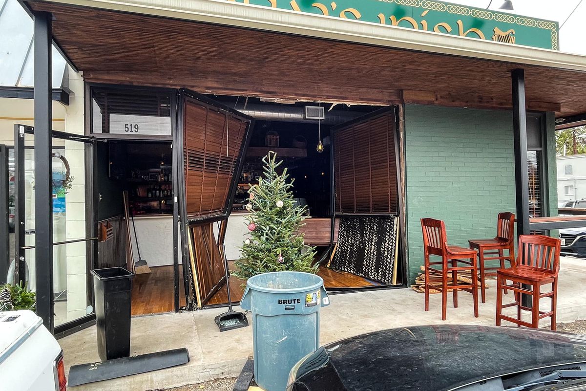 A damaged restaurant front.
