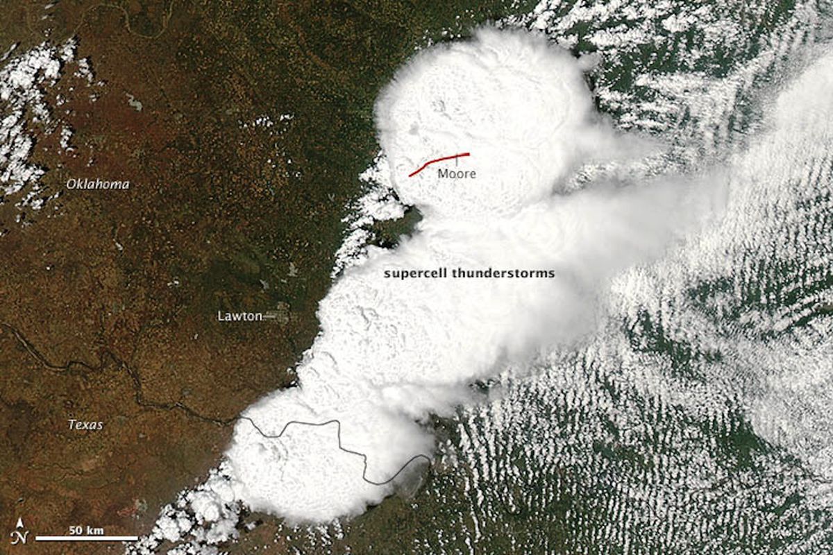 A satellite image of this week's tornado in Moore, Oklahoma, captured by NASA's Moderate Resolution Imaging Spectroradiometer. 