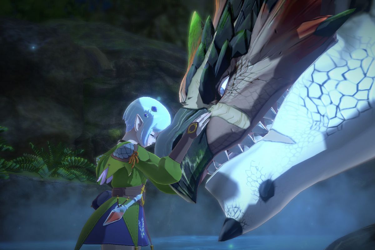 Ena from Monster Hunter Stories 2: Wings of Ruin rests her head on a Rathalos