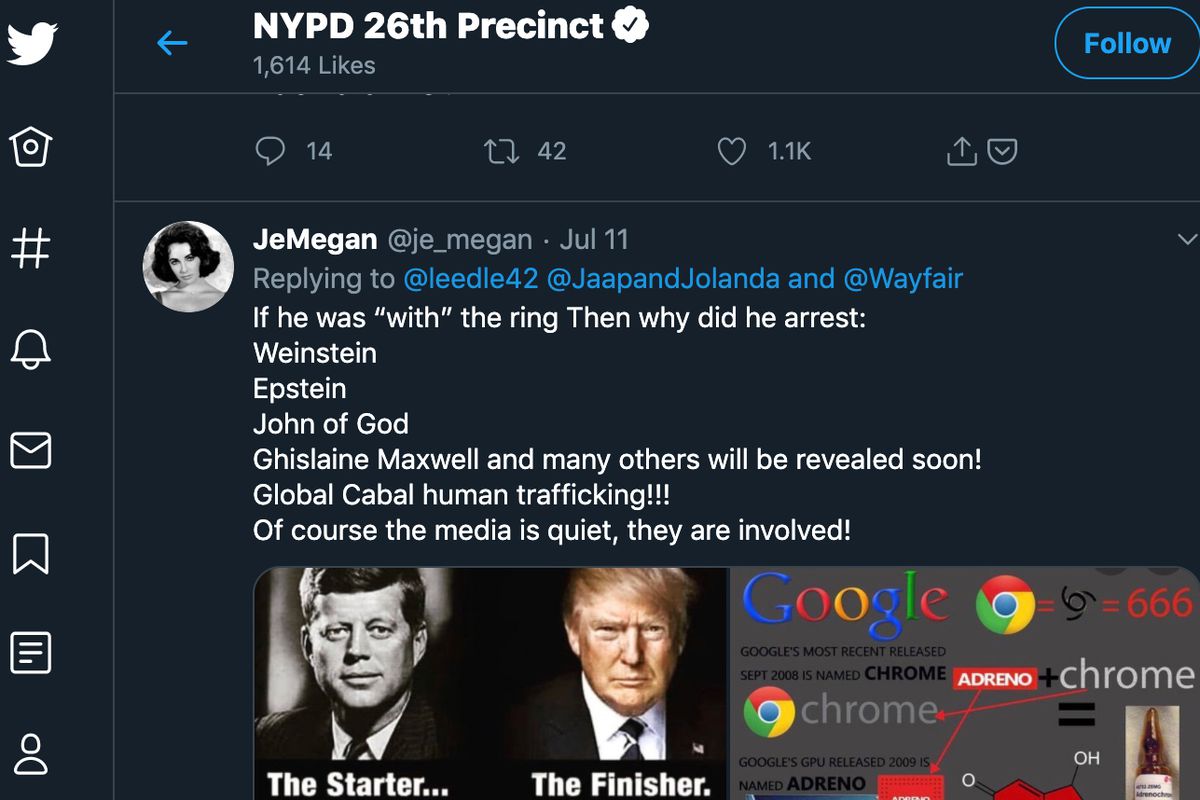 The NYPD’s 26th Precinct Twitter account liked several conspiracy-tinged tweets.