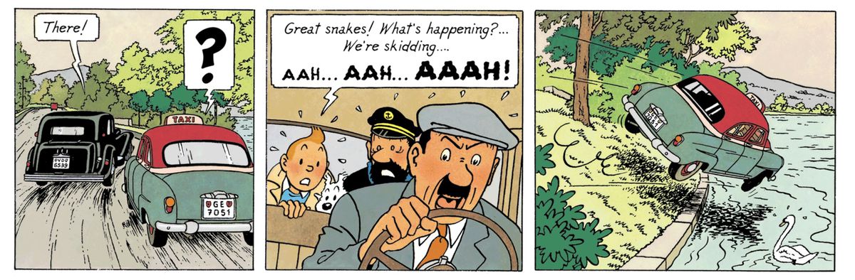 Three panels of a Tintin comic, showing a taxi containing Tintin and Captain Haddock being driven off the road into a lake