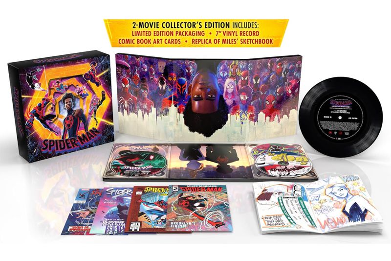 An exploded view of everything included with the Spider-Verse 2-movie collector’s edition. The image displays a vinyl record, comic book art cards, the movies on disc, and the limited edition box art.