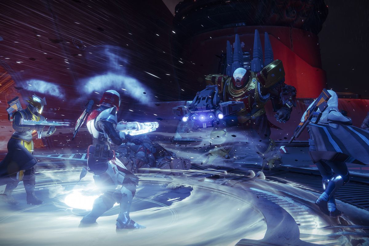 Destiny 2 - three Guardians fighting a Cabal leader